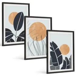 BILDER SET 3er Set - 40x60 cm Schwarzer Rahmen - Pflanzenmuster große Sonnen minimalistisch