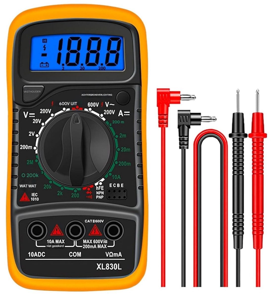 GELLDG Digitale multimeter met groot LCD-scherm en achtergrondverlichting, oranje