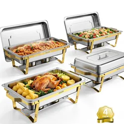 VEVOR 4er-Pack Chafing Dish Set je 8,52 L aus Edelstahl Warmhaltebehälter für Warme und Kalte Speisen bei Veranstaltungen, mit 4 Behältern in Voller Größe, Faltbarem Ständer und Abgerundeten Kanten