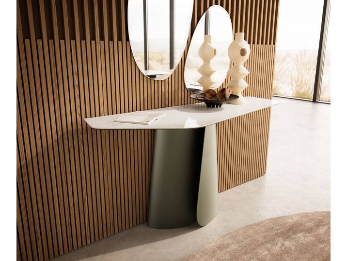 Konsolentisch Edge Polygonal 140x50 cm Keramik Onyx Champagne Livos Metall Effektfinish Titan, Konsolentische