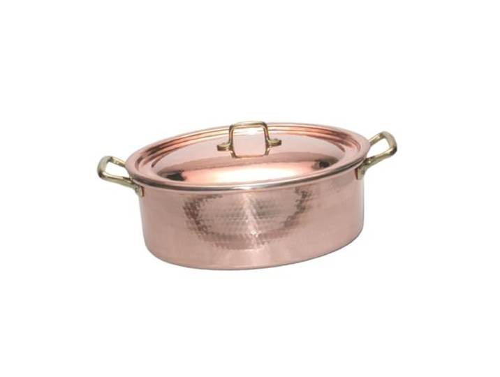 CREARTISTIC 100% Made in Italy Oval Auflaufform aus verzinntem Kupfer – 37x26 x H 12.5cm, 7L, mit 2 4 cm Messinggriffen, mit Kupferdeckel, Backblech, handgefertigt