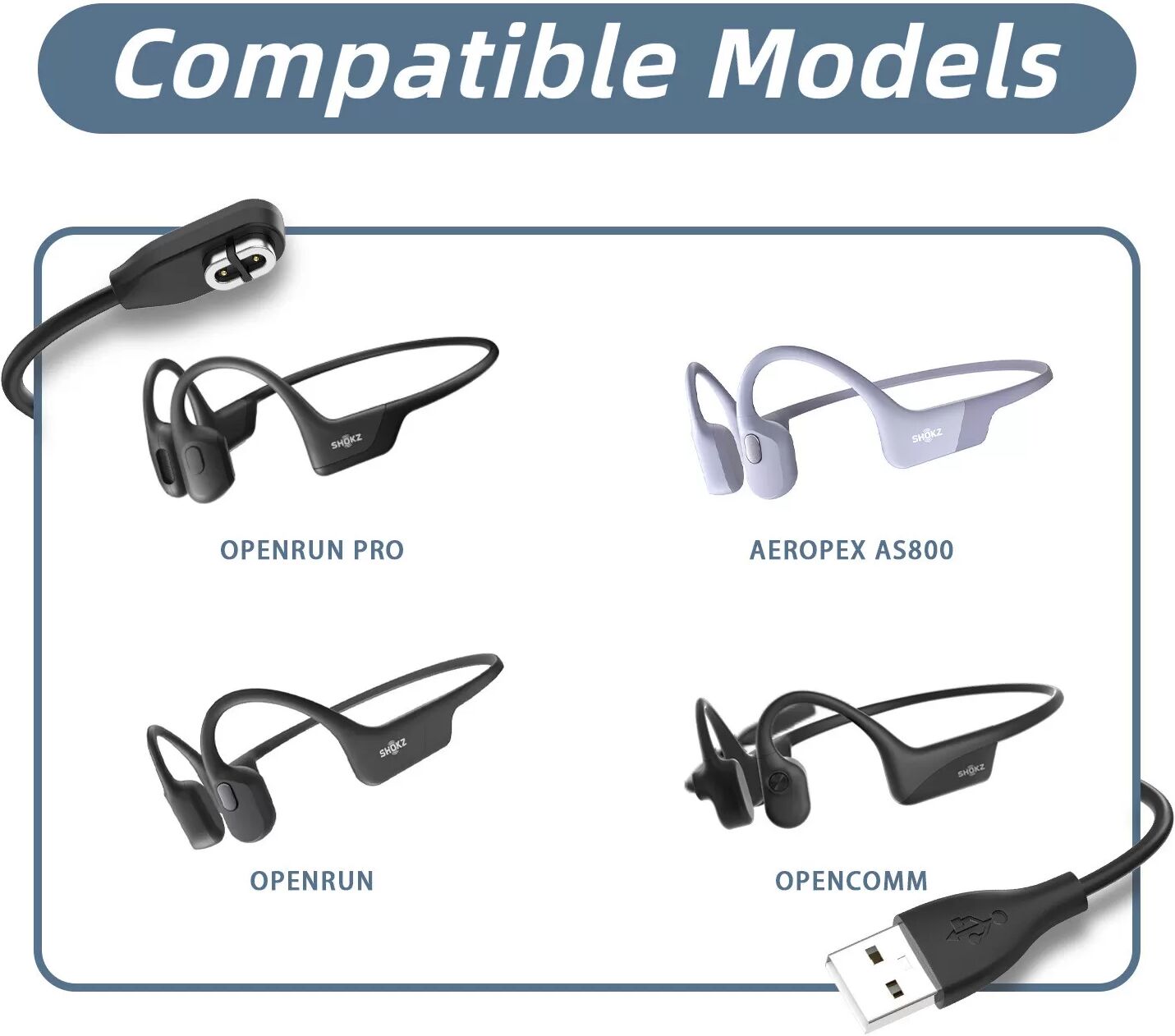 INF Magnet-Ladekabel kompatibel mit Shokz AS800 / OpenRun Serie — ABS+PET Schwarz, 100cm
