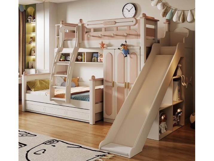 Xlmoebel Etagenbett XLMOEBEL Hochbett aus Holz in Weiß mit Rutsche und Stauraum (Hochbett mit Rutsche, 1-St., Hochbett mit Rutsche & Stauraum), Made in Europa