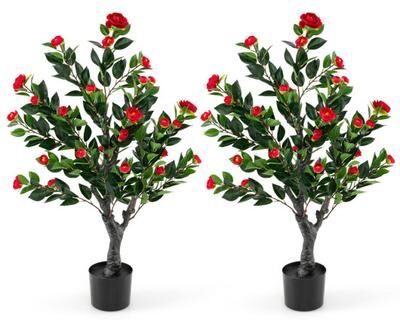Costway Artificial Camellia Tree Set of 2 Faux Flower Plant with 36 Red Blossom Fabric Flower-Red