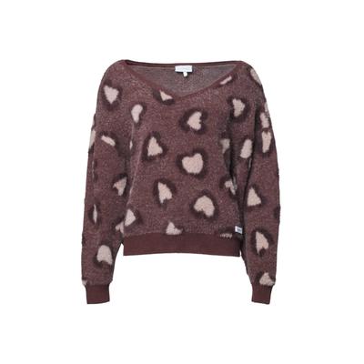 V-Ausschnitt-Pullover KLEINIGKEIT "Kleinigkeit Wollma Wild Love", Damen, Gr. L, braun (love leo schwarz cherry), Pullover