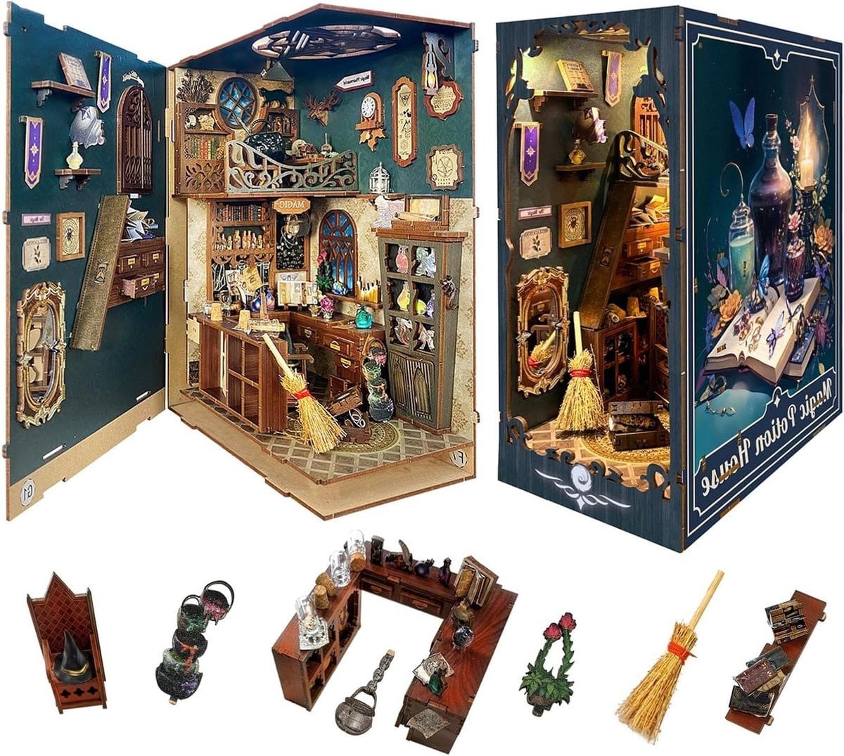 Magisch Apotheker Miniatuur Huis met LED Verlichting voor Boekenkast Decoratie - 19,5 x 27,2 cm
