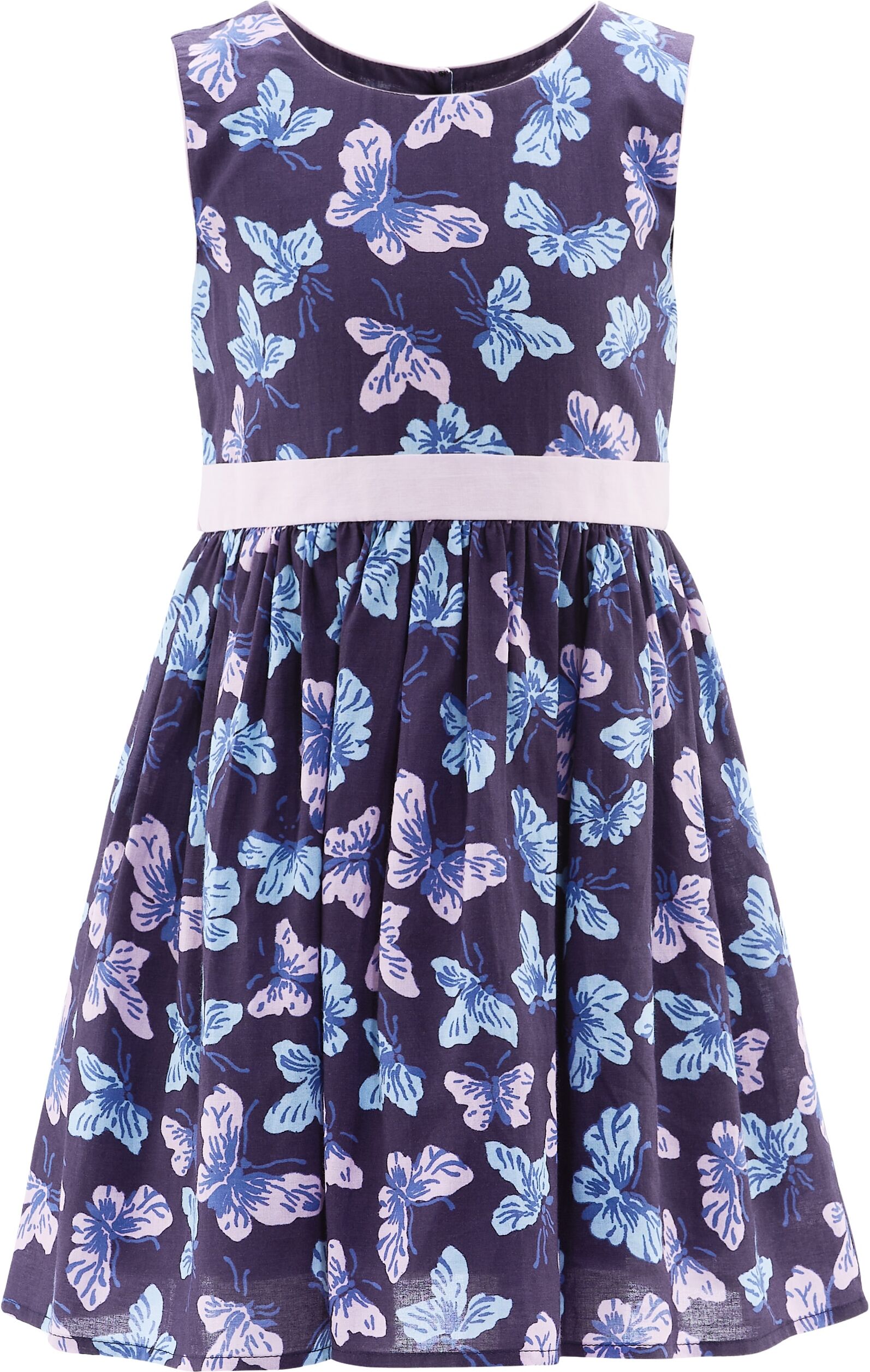Druckkleid HAPPY GIRLS, Damen, Gr. 104, N-Gr, ohne Ärmel, Web, blau (navy), Web, Obermaterial: 100% Baumwolle. Futter: 100% Baumwolle, bedruckt, regular fit knielang, Rundhals, Kleider Druckkleid navy 104, N-Gr, ohne Ärmel, Web