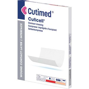 Cutimed Wundgaze Cuticell, steril, fetthaltige Vaseline, nicht wundhaftend, 7,5 x 7,5cm, 10 Stück