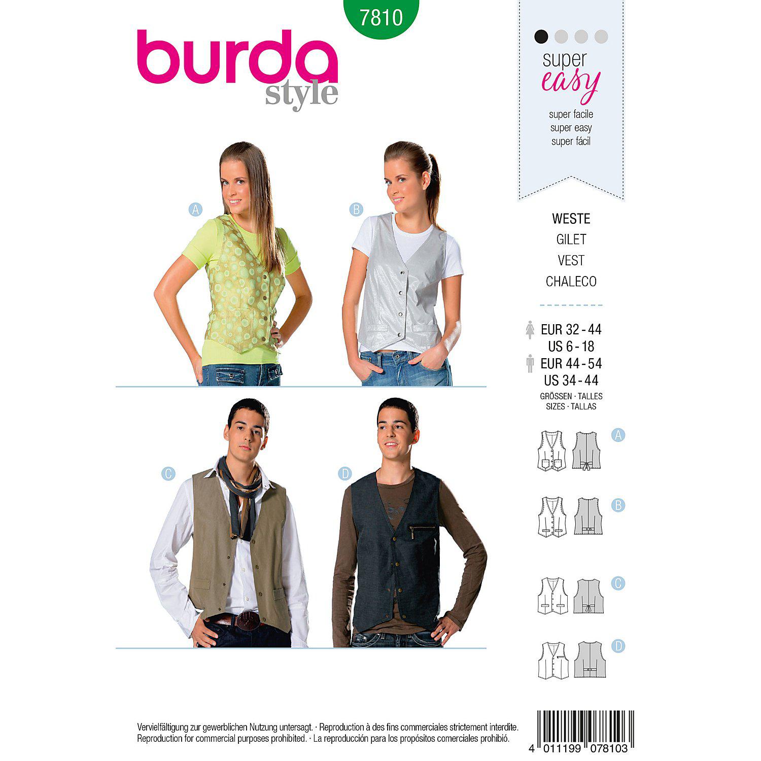 burda Schnitt 7810 "Weste" für Damen und Herren