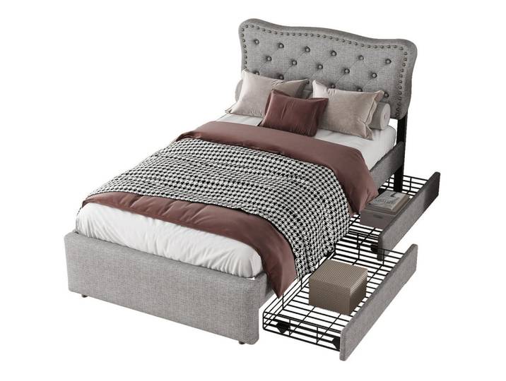 Modfu Polsterbett aus Leinen und MDF 90x200 cm in Grau mit 2 Schubladen, 90x200 cm, Schlafzimmer, Betten, Polsterbetten