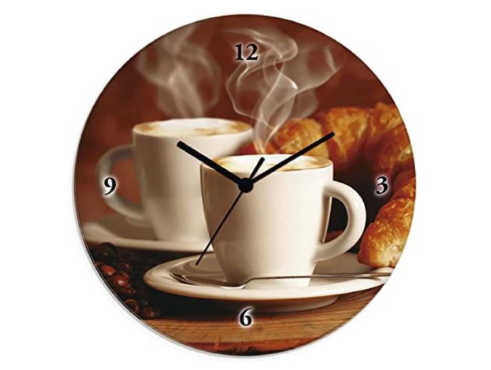 ARTLAND Wanddeko Wanduhr ohne Tickgeräusche Glas Quarzuhr Ø 30 cm Rund Lautlos Dampfender Cappuccino und Croissant