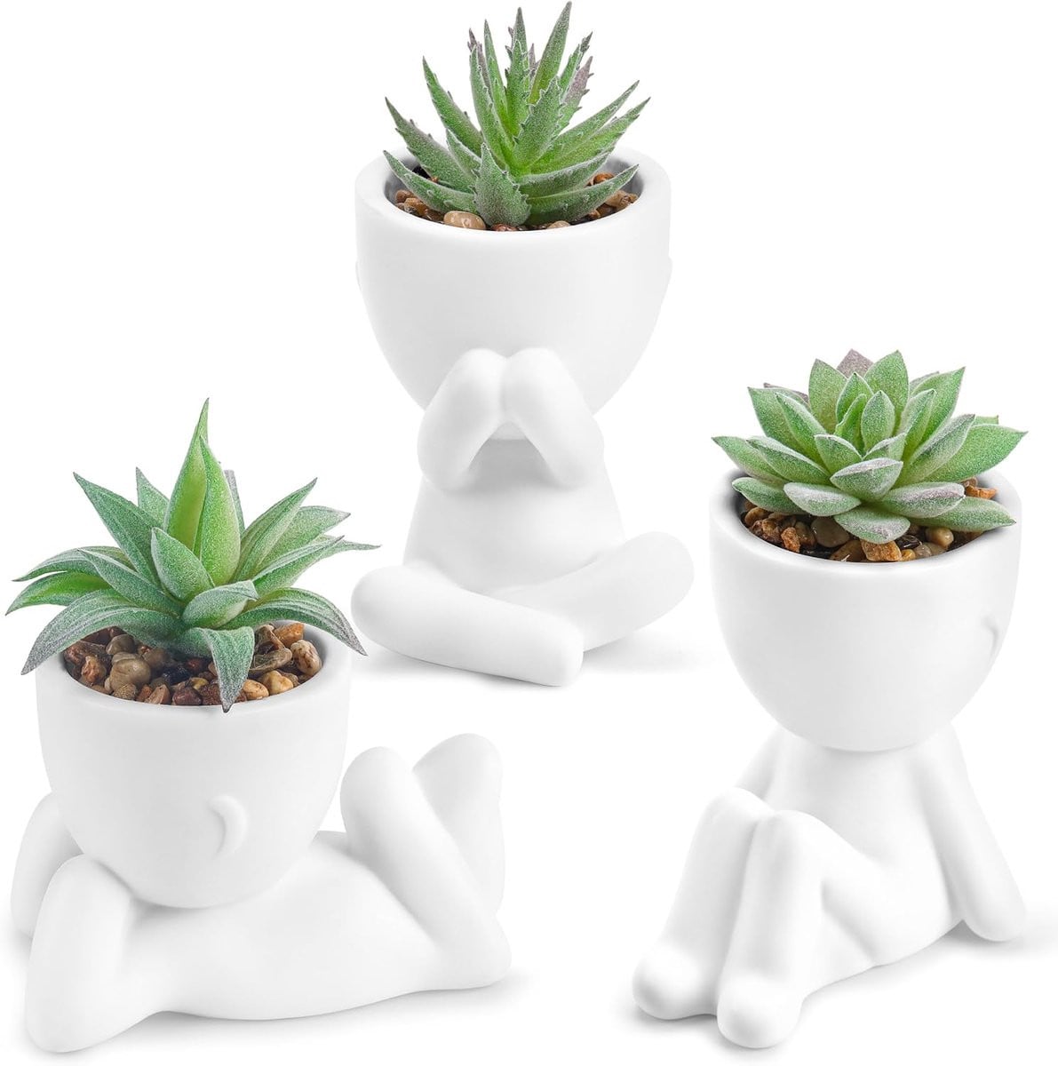 Set van 3 kunstvetplanten in mensvormige witte potten