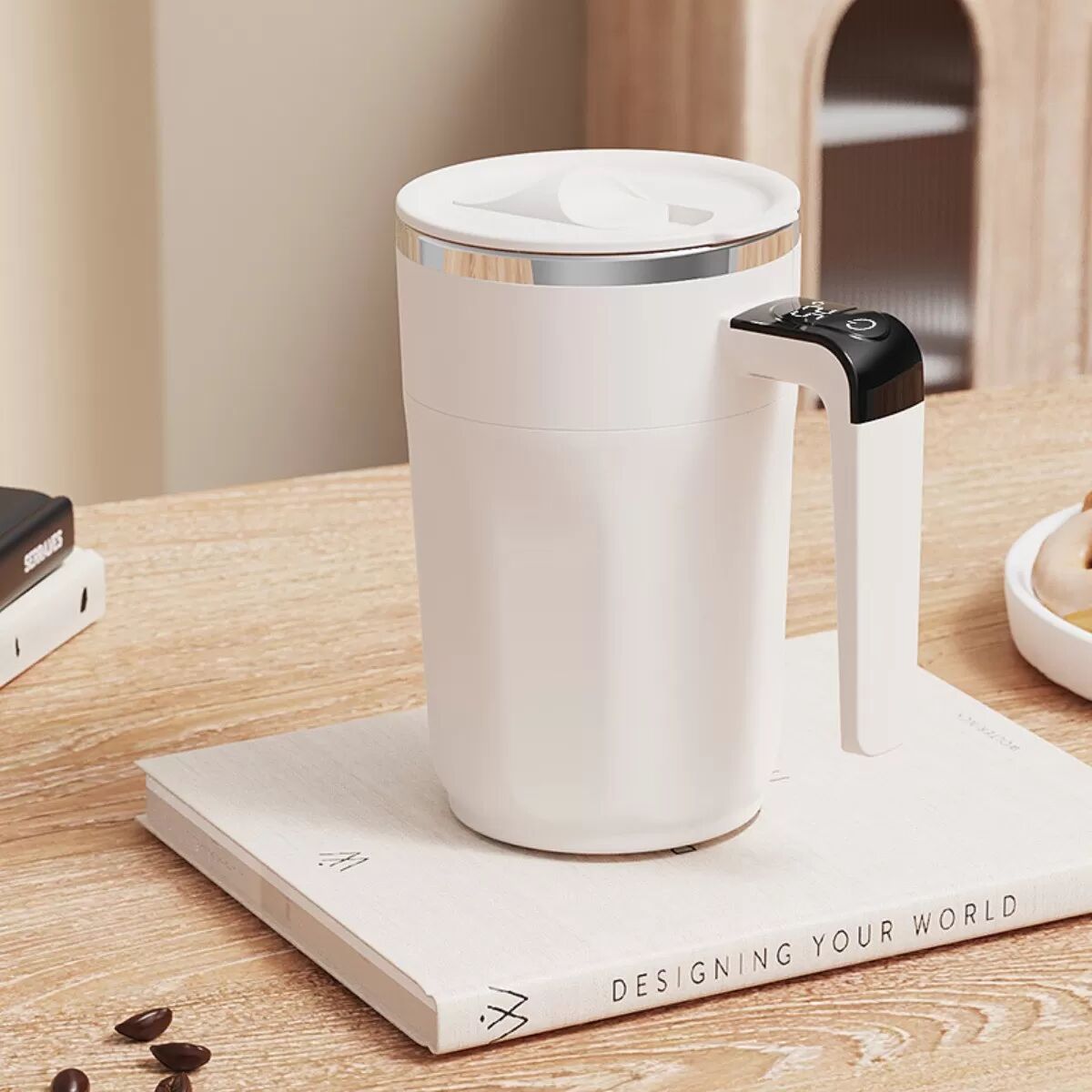 INF Mug de voyage auto-mélangeant 400ML avec affichage de température, rechargeable Type-C, agitateur magnétique 316 en acier Blanc