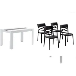 RATTATAN Essgruppe 135x80 cm mit Holzplatte und 6 stapelbaren Polypropylen-Stühlen, stilvoll und modern – Ulisse+Martina Schwarz/Weiß/Schwarz