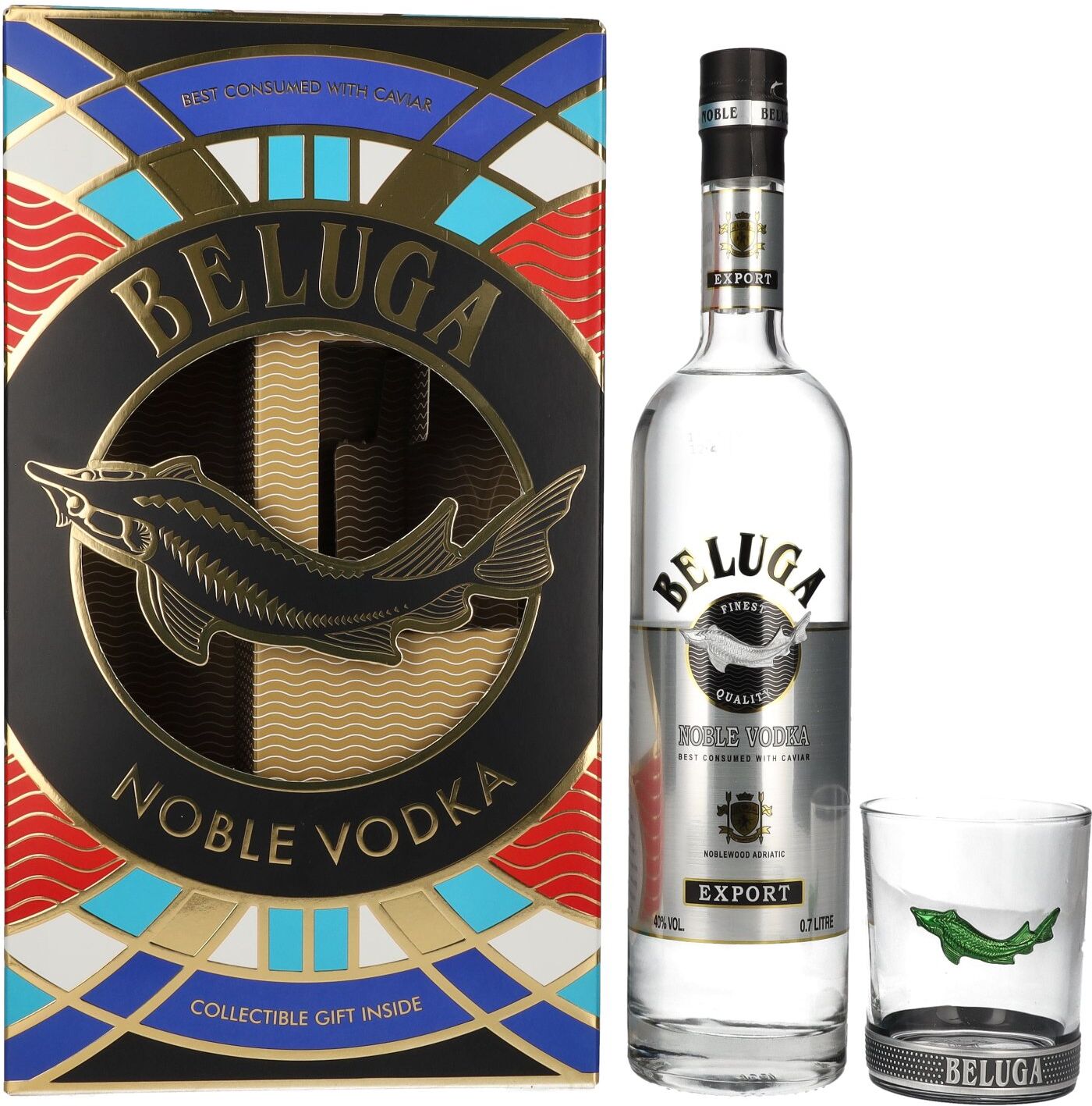 Beluga Vodka Beluga Noble Vodka EXPORT Montenegro 40% Vol. 0,7l in Geschenkbox mit Glas