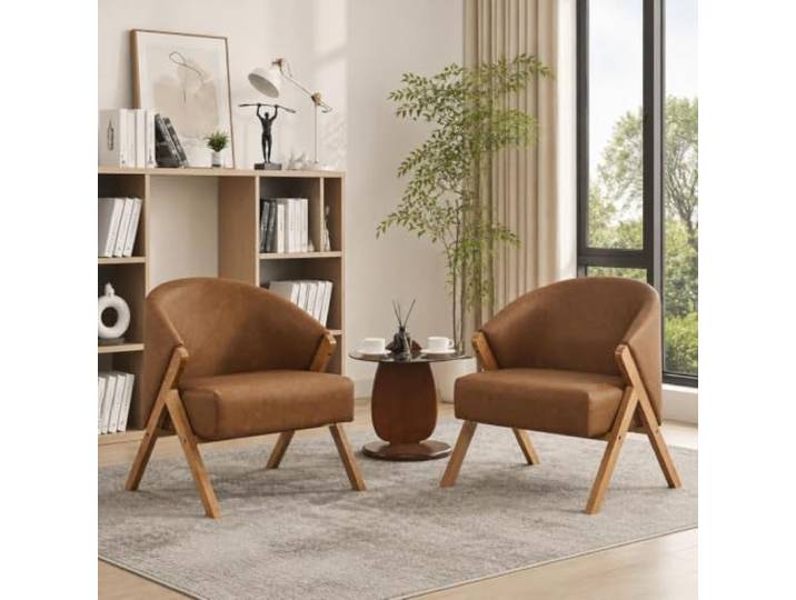 GarveeHome Mid-Century Wohnzimmersessel Mit Fellbezug Weicher Akzentstuhl Mit Walnussfüßen Und Holzrahmen Braun