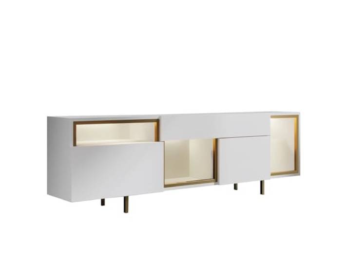 Hanah Home Modern TV Stand with Remote Control, White & Gold, 180 cm 100% Melamine Coated, Metal Legs, Wall-Mountable, Stylish & Functional Design