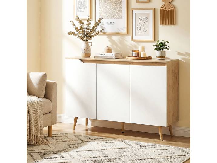 HOMCOM Buffet 3 Portes Blanc Chêne Pieds Bois 107x35x76,5cm