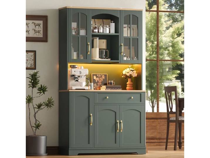 Buffet de cuisine - 100x38x176 cm - Grand buffet haut de cuisine et vaisselier avec LED portes en verre trempé et tiroir - Vert