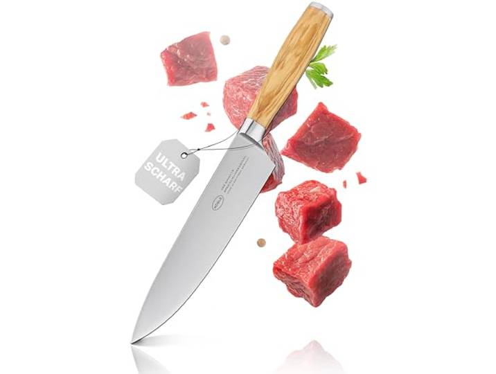 RÖSLE Kochmesser Artesano 20 cm - Hochwertiges Küchenmesser zum Schneiden von Fleisch, Fisch, Geflügel und Gemüse, ein scharfes Schneidemesser mit ergonomischem Griff aus Olivenholz