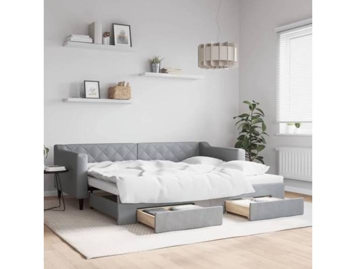 RJPLMFV 2-in-1-Tagesbett mit Ausziehbett und Schubladen, 90 x 200 cm Schlafsofa, Struktur aus Holz und Metall, langlebiger Stoff, Aufbewahrung mit 2 Schubladen, ohne Matratze