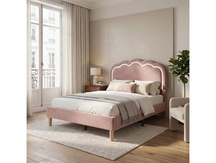 Lit simple rembourré - FURNITURER - FurnitureR 90x190 cm - velours rose - tête de lit réglable - LED multicolore