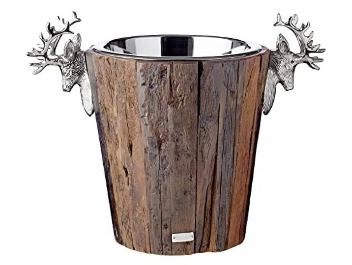 EDZARD Weinkühler Milwaukee Höhe 29 cm, Massiv-Holz mit Edelstahleinsatz Griffe im Hirschkopf Design, Barzubehör, Geschenkidee, Partydeko, Silvester, Gastronomie