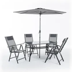 RATTATAN Garten-Essgruppe für 4 Personen mit Glastisch 140x80, 4 mehrfach verstellbaren Klappstühlen aus Textilene mit Kopfstütze, Sonnenschirm 270 cm SANREMO