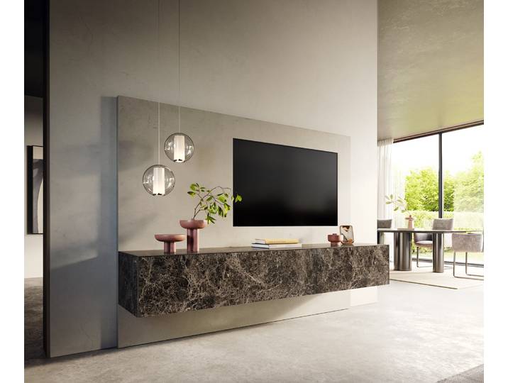 Meuble TV Cuor 220 cm Céramique Emperador Extra Lucidato brun foncé 1 Clapet 2 Tiroirs Flottant