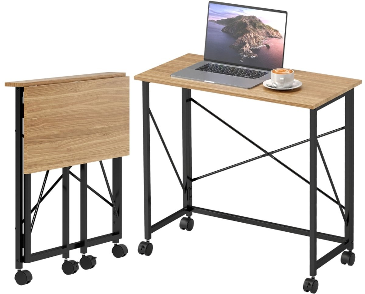 Inklapbaar computertafel met 4 wieltjes en opbergmogelijkheid, Eiken, Breedte: 80 cm