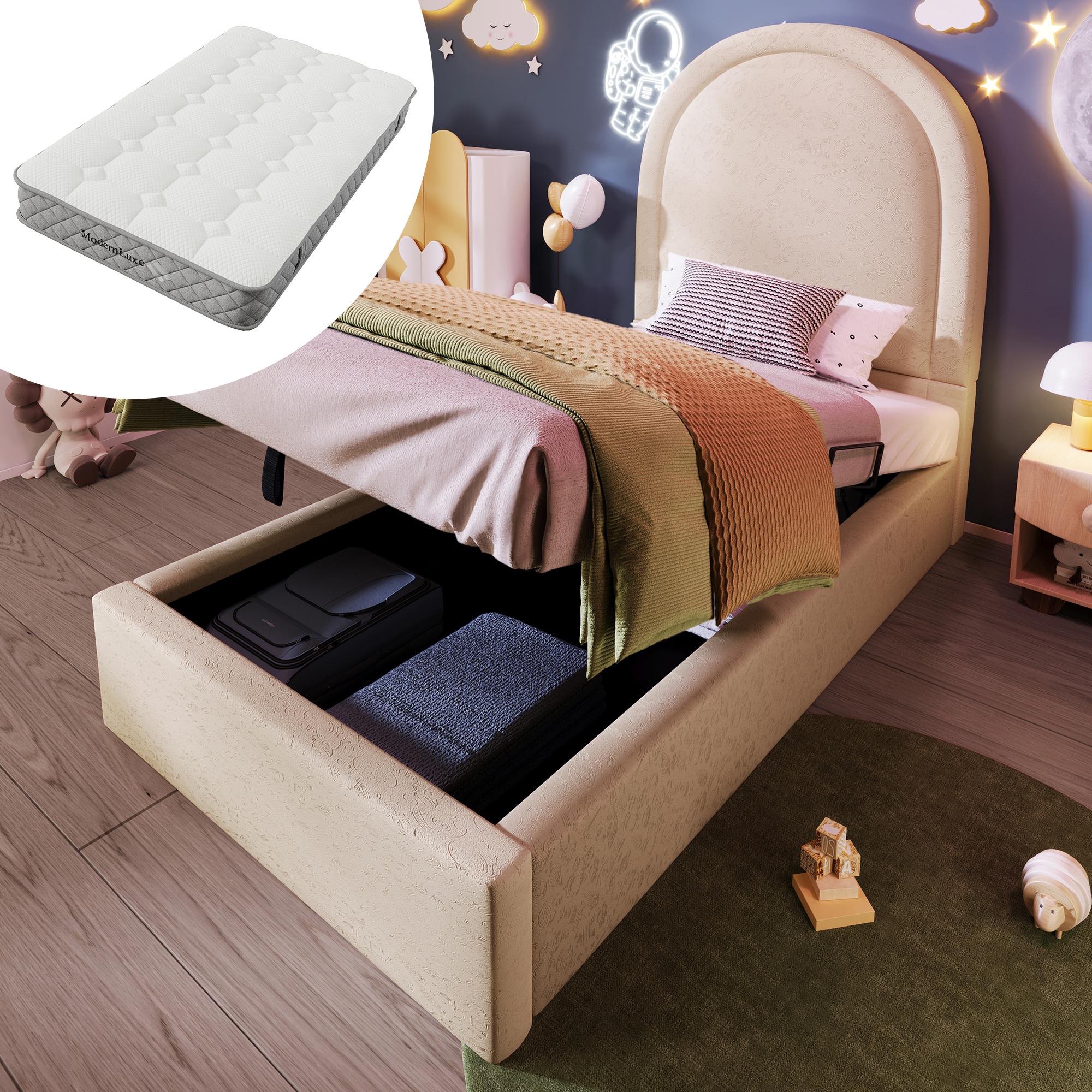 MODFU Einzelbett mit Matratze 90x200 Kinderbett am Kopfende mit Metallstoppern,Polsterbett aus Polyurethanmit Staubschutzhülle am Lattenrost,Beige
