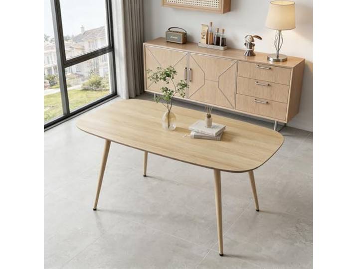 JIEXI Moderner Bauernhaus-Esstisch, rechteckiger Holztisch mit Metallbeinen, hochdichte Faserplatte, strukturierte Oberfläche, verstellbare Beine, natürliches Holz-Finish, für 4–6 Personen