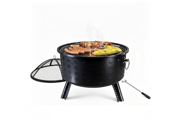Relaxdays Brasero\, HxØ 62 x 66 cm\, avec Grille\, Pare-étincelles & tisonnier\, pour Jardin\, Noir