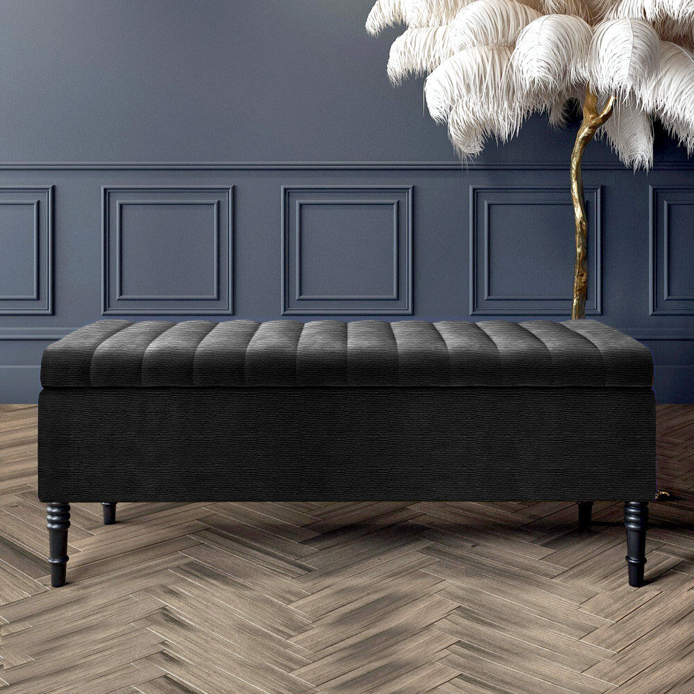 R&M Furnishers Paris Striped Ottoman Storage Bench - Upholstered Naples Shoes Bench with Black Turned Wooden Legs Black