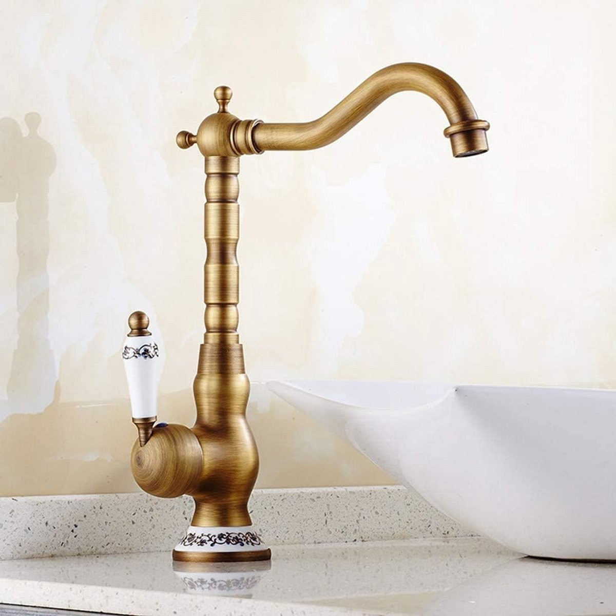 Retro Keukenkraan met Rechte Uitloop en Keramische Handgreep - Geborsteld Messing - Landelijke Stijl