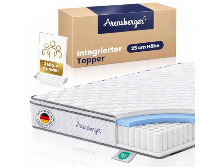 Arensberger Viktoria Matratze 140x200cm Taschenfederkern H3 Mit Topper Integrierter Topper Für Hotelkomfort Härtegrad H3 Mittelfest Öko-Tex Standard Zertifiziert Für jedes Lattenrost
