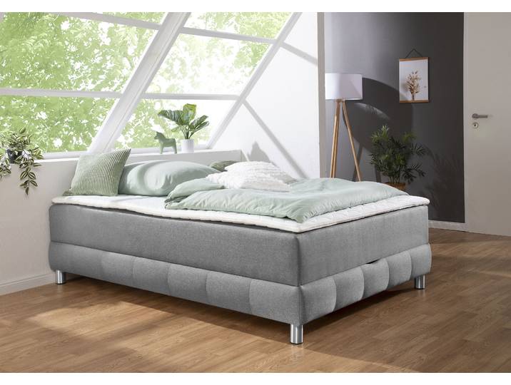 Boxspringbett, Strukturstoff, Grau, 146×226 cm, Mit Bettkasten & Topper, Modern, Inosign