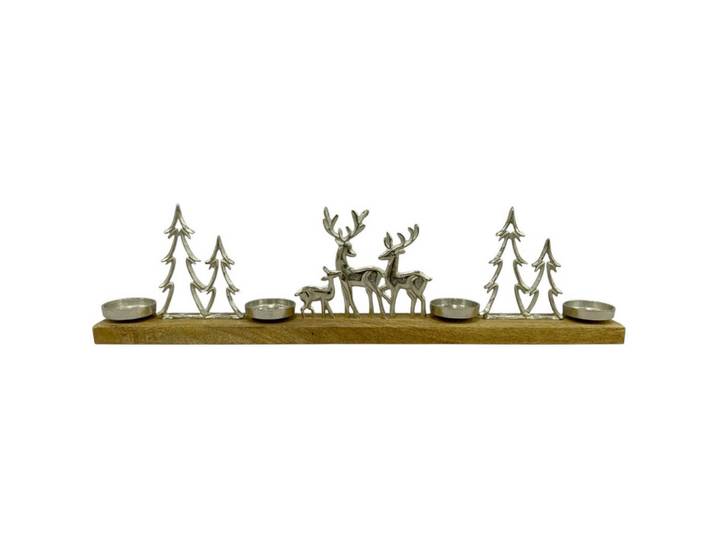 X-Mas Kerzenständer, Braun, Silberfarben, Holz, Metall, Mangoholz, massiv, 21x8x80 cm, Handmade in India, zum Stellen, Dekoration, Kerzen & Kerzenhalter, Kerzenständer