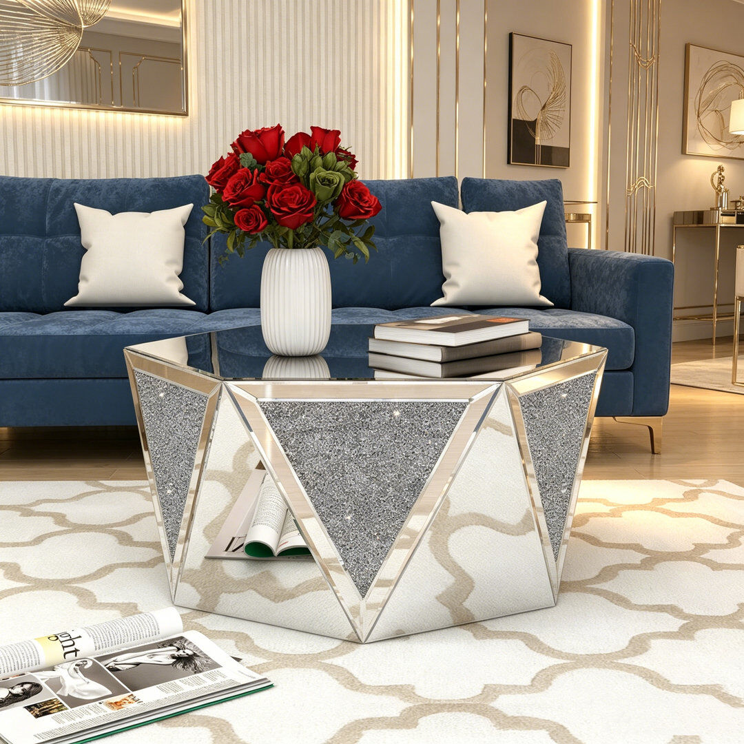 Blue Elephant Amla Hexagonal Glass Coffee Table Drum Mirrored Top center table for living room Clear;Silver 41cm H X 80cm W X 69.3cm D
