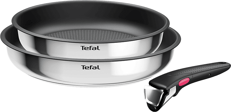 Set de sartenes - Tefal L8813S Ingenio, 2 unidades, 22/26 cm, Mango extraíble, Revestimiento titanio antiadherente, Indicador calor, Acero Inox