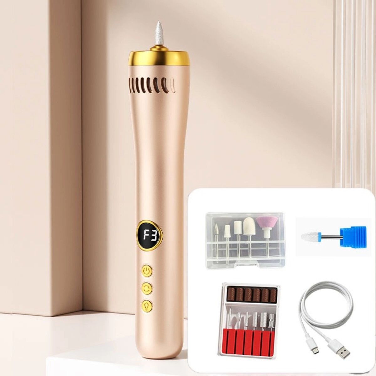 INF YS-M025 3-in-1 elektrischer Nagelfräser mit Staubsaugung – Komplettes Maniküre-Kit, ABS+elektronische Komponenten, Mehrere Gold