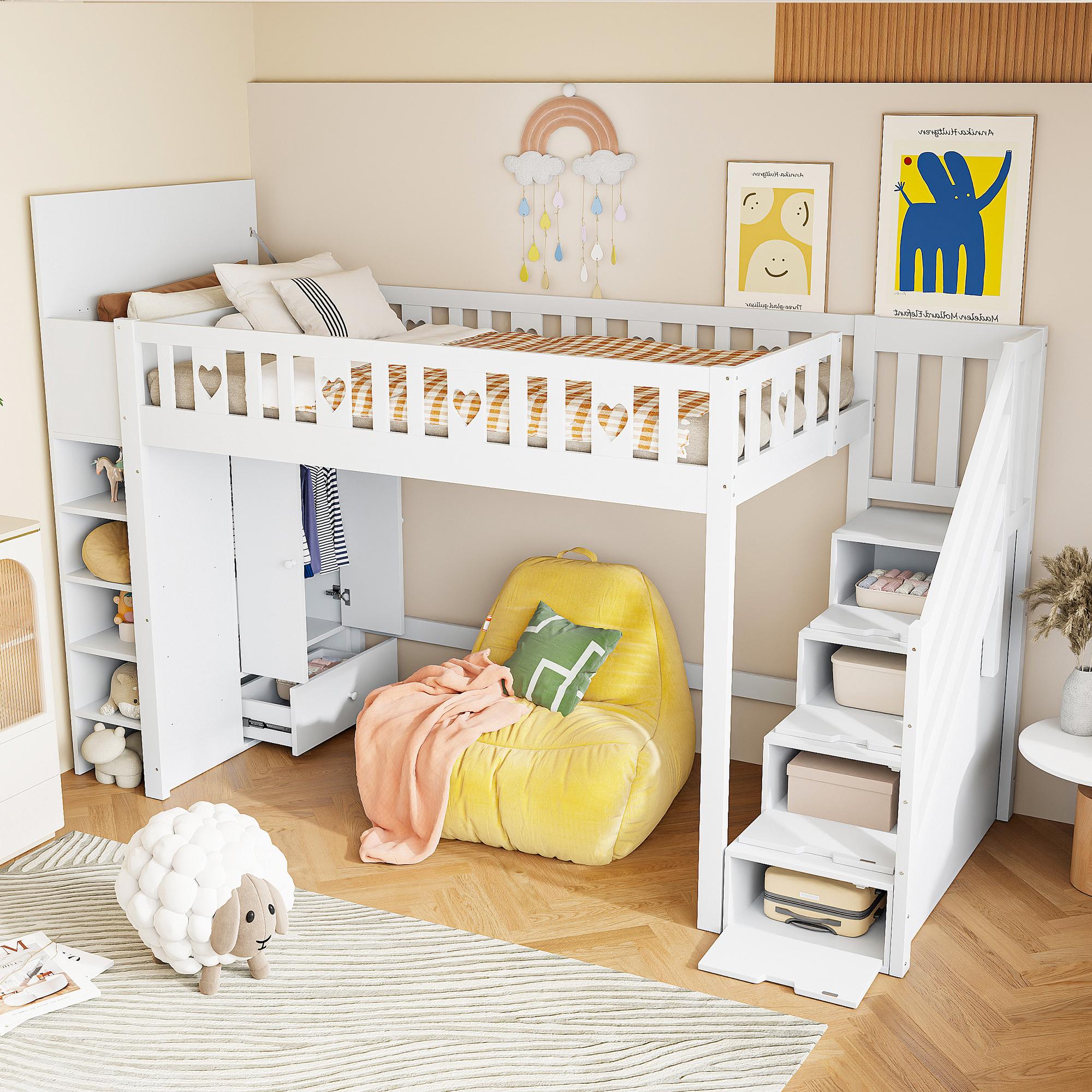 Hochbett, 90*200cm , Stauraumleiter, Regale, klappbarer Stauschrank, freier Platz unter dem Bett zum Verkleiden, Geländer in Liebesform, ohne Matratze, Weiß