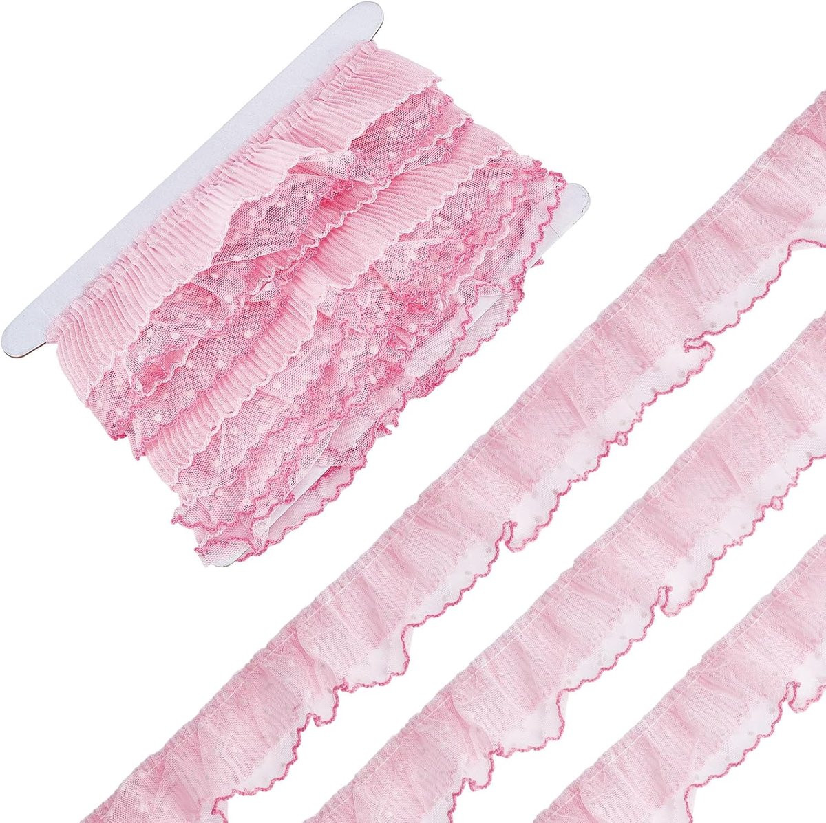 2-laags Chiffon Kant Lint met Polka Dot Ruche Trim, Breedte: 5 cm, 5 Yards