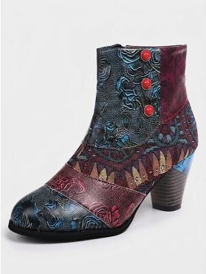 LightInthebox Women's Multi Bohemian Ankle Boots - Embossed Leather Pearl Patchwork Chunky Heel Booties for Music Festivals, Art Galleries Vintage Gatherings