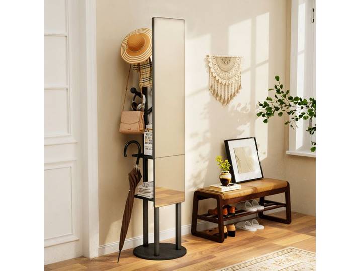 MEUVYX Portemanteau sur Pied Miroir 360° avec Crochets et 2 Étagères pour Entrée 40 × 40 × 174 cm Noir