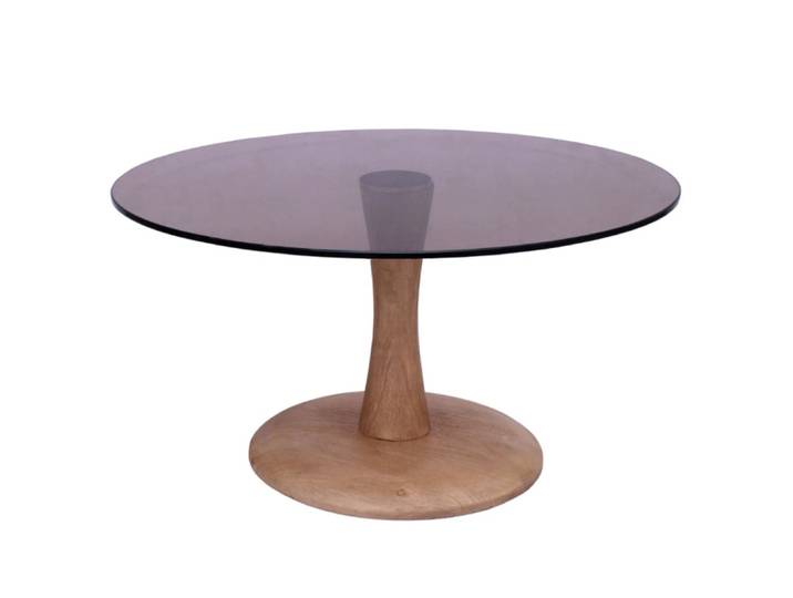 Table basse ronde d75 cm en verre fumé et bois
