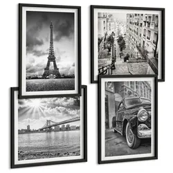 BILDER SET 4er Set - 50x50 cm & 40x60 cm Schwarzer Rahmen - Stadtansichten, Brücken, Eiffelturm, Auto