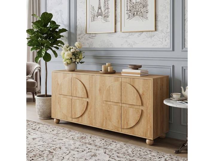 Buffet Enfilade 160x38x76cm Grand Rangement Design Relief Circulaire 4 Portes Étagères Réglables