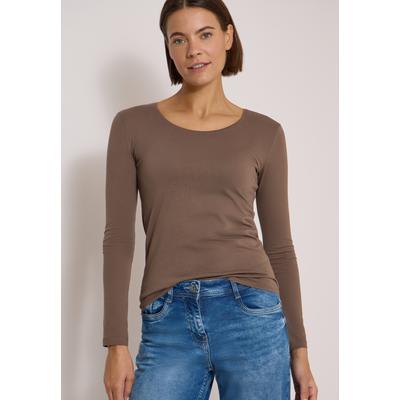 Langarmshirt CECIL, Damen, Gr. 3XL, braun (urban taupe, urban dunkelblau), Web, 100% Baumwolle, unifarben, comfort fit normal, Rundhals, abgesteppt, Shirts Langarmshirt, aus reiner Baumwolle