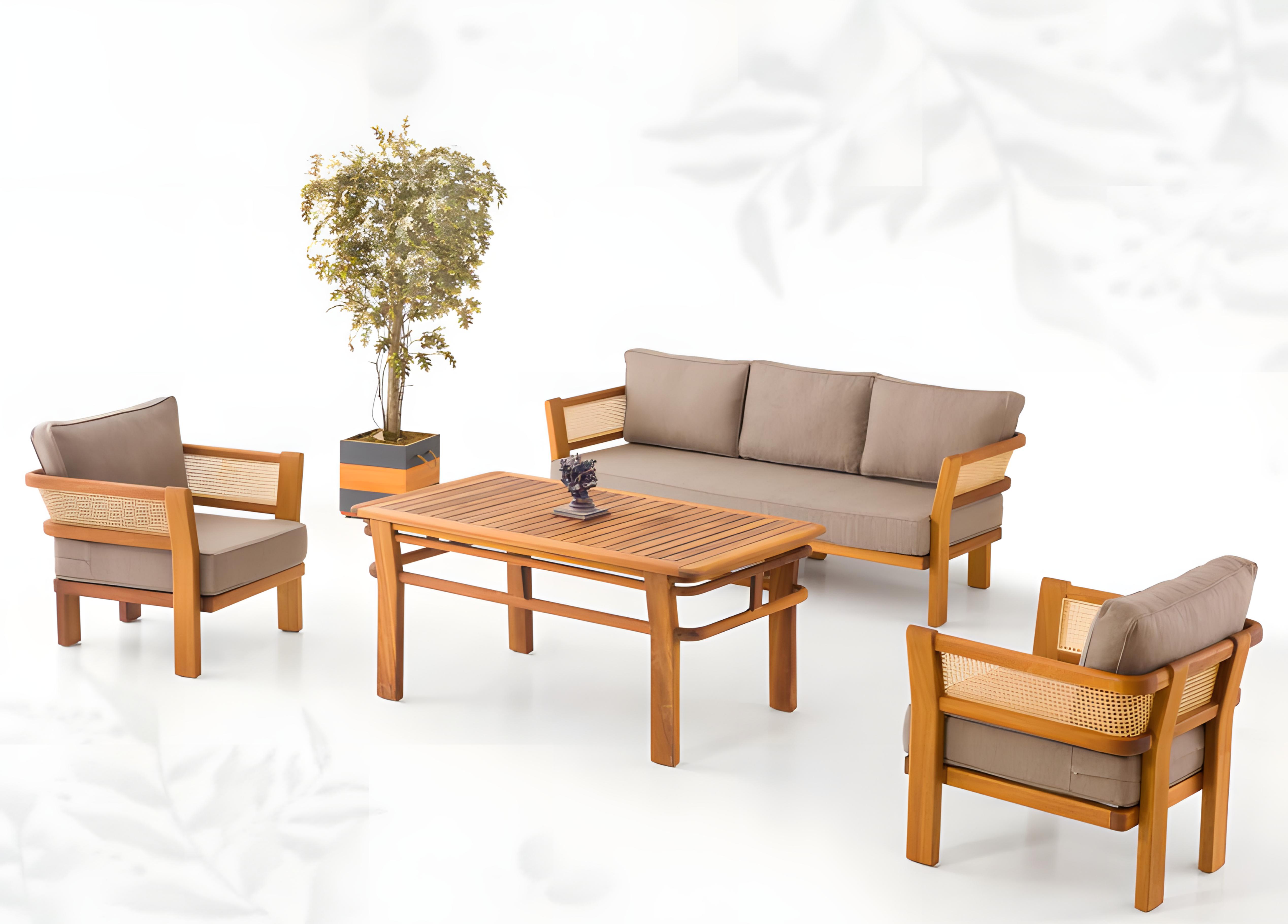 Gartenmöbel Set aus Holz und Textil in Beige - Elegantes